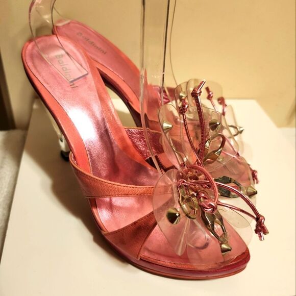 Vtg. Mint Baldinini Pink Leather/PVC Flower Lucite Heel Sandals Sz.6.5 Ret$475 - Picture 2 of 13